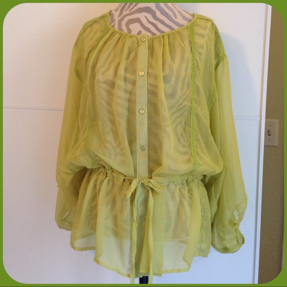Sheer Citron Peasant Blouse w/Tie-Waist